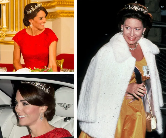Women wearing tiaras at formal events; one in red, one in a car, and another in a fur coat.