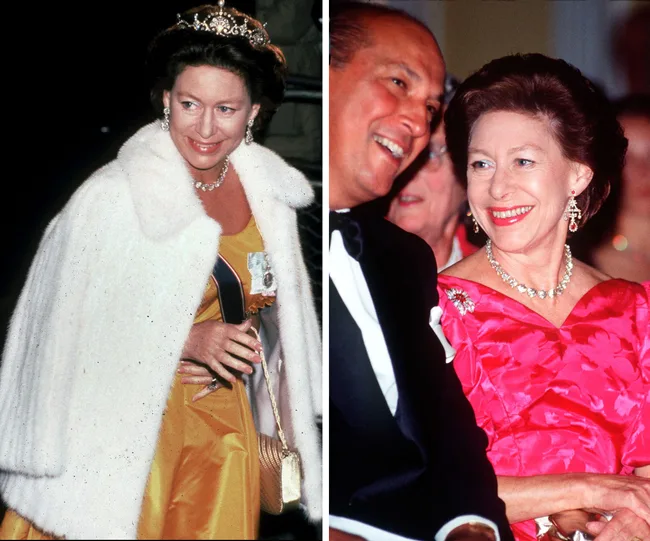 Princess Margaret in elegant attire, wearing a tiara and interacting socially at a formal event.