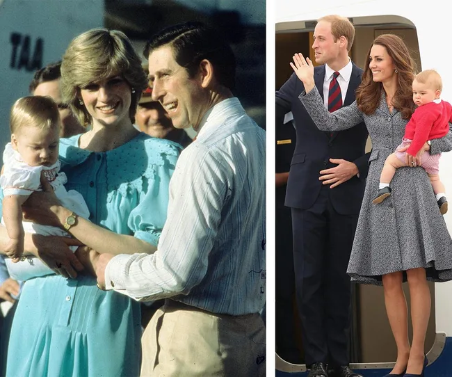 Two family portraits, parents holding babies, smiling and waving, standing outside an airplane.