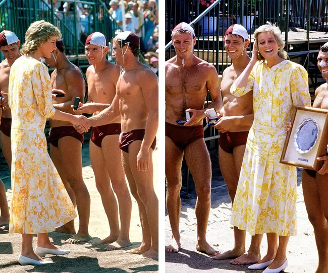 Princess Diana in a yellow dress meeting beach athletes, shaking hands and posing with a plaque.