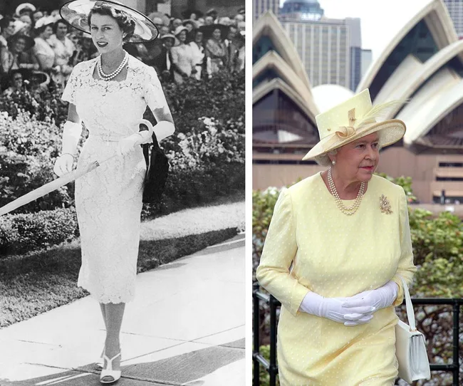 Two images of a woman in formal attire with hats. Left: black and white, holding umbrella. Right: in yellow by Sydney Opera House.