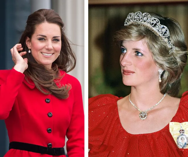 Two women in red outfits; the left is smiling, and the right wears a tiara and necklace, looking to the side.