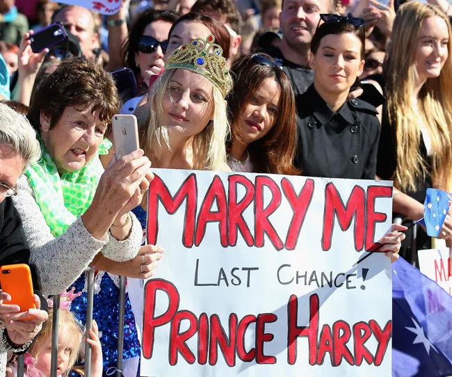 Crowd with "Marry Me Prince Harry" sign; woman in crown taking a selfie, others holding flags at an outdoor event.