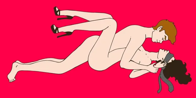 Romantic illustrated couple in intimate position, red background, woman blindfolded, wearing heels.