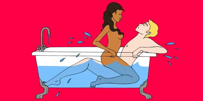 A couple in a bathtub, with water splashing out, illustrated on a bright pink background.