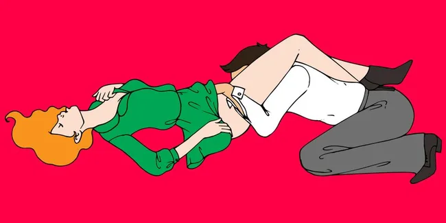 Animated illustration of two people embracing on a red background.