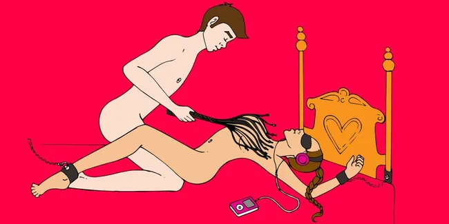 Illustration of a couple engaged in BDSM on a red background, with a woman wearing headphones and a man using a whip.