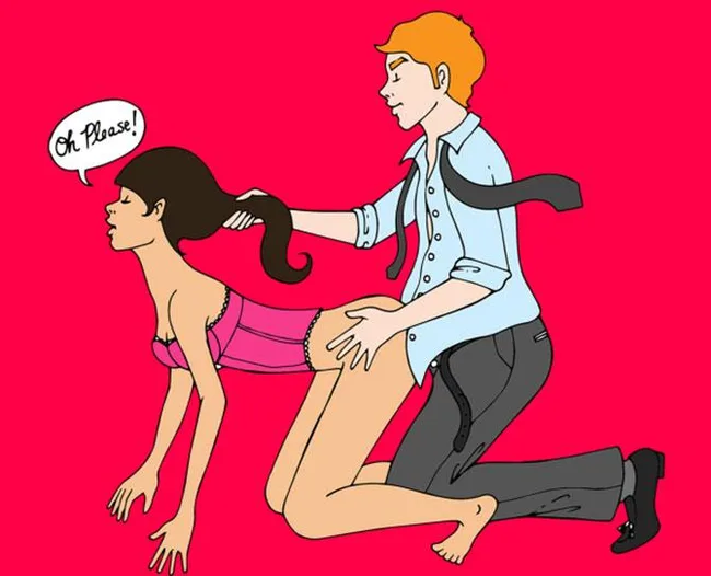 Cartoon of a man and woman in an intimate pose, with speech bubble saying "Oh Please!" on a red background.