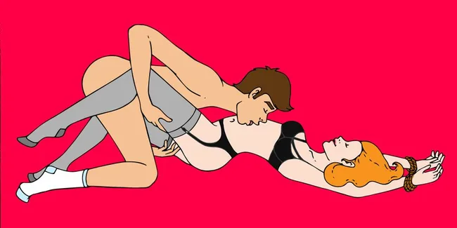 Illustration of a couple in intimate pose against a red background.
