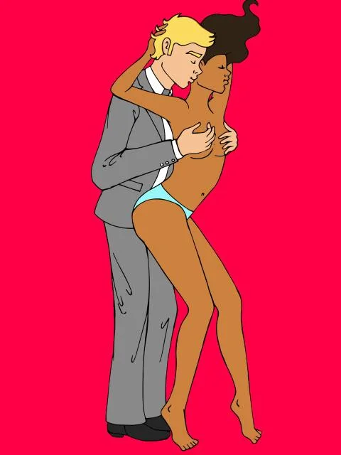 A couple embraces passionately; a blond man in a suit holds a woman in underwear against a vibrant red background.