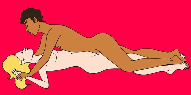 Male and female figures in a romantic embrace on a pink background, illustrated style.