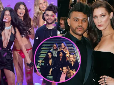 "Collage of celebrities at an event, including a group on a staircase and a couple in formal attire."