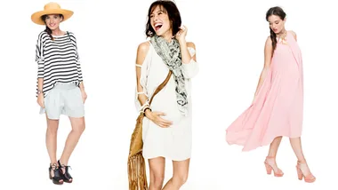 Three women in maternity outfits: a striped top with shorts, a white dress with scarf, and a flowing pink dress.