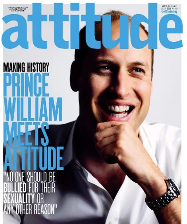 Prince William on Attitude magazine cover, smiling with hand on chin, headline on equality and anti-bullying message.