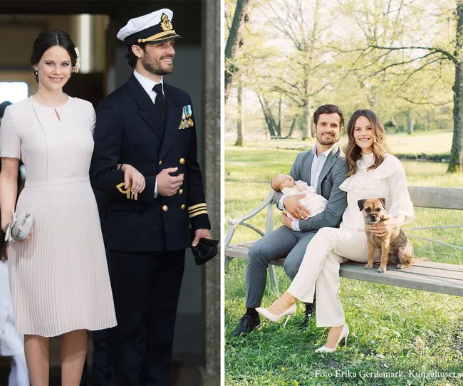 Royal couple poses together; one in formal attire, the other with a baby and dog on a park bench.