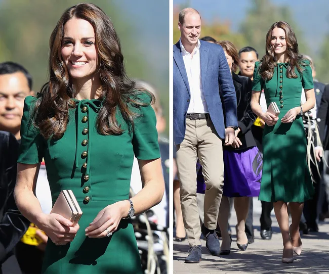Duchess Catherine in a green dress and Prince William walking outside in Okanagan, surrounded by people.