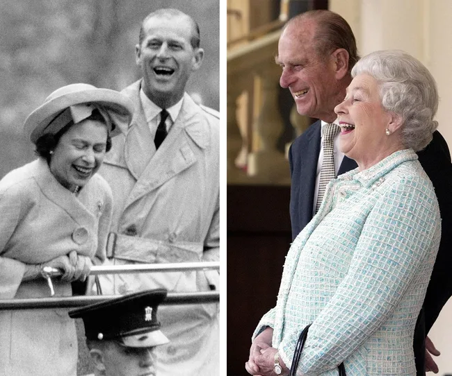 Two side-by-side images of a couple smiling and laughing together, one from the past and one recent.