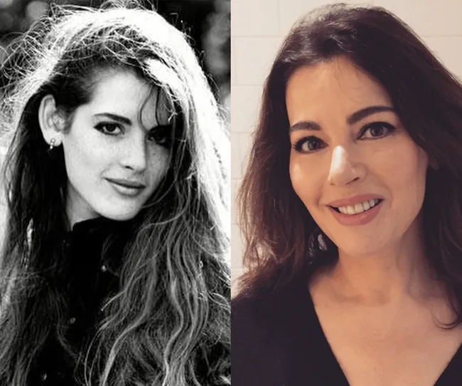 Two images of the same woman side by side, one black and white, one color, showing her at different ages, smiling.