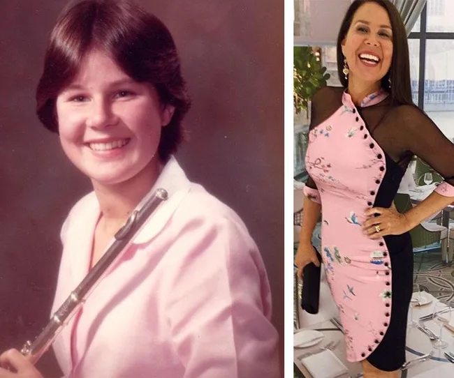 Two photos side by side: a young woman with a flute, and the same woman smiling in a floral dress.