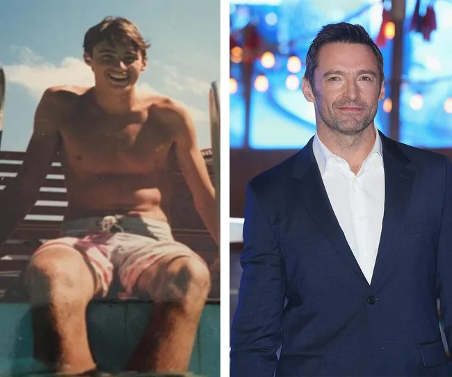 Split image: Left shows young shirtless man sitting; right shows man in a suit at an event.