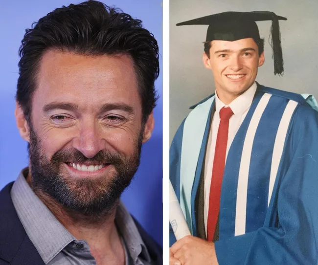 Two side-by-side images of the same man, older on left, younger in graduation attire on right.