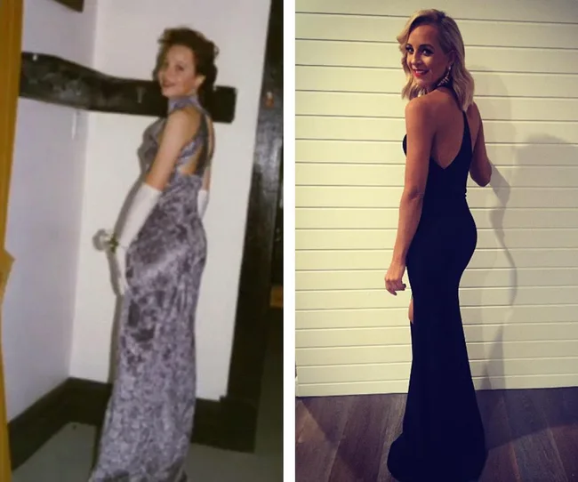 Two women in elegant dresses, both looking over their shoulders, showcasing their evening gowns.
