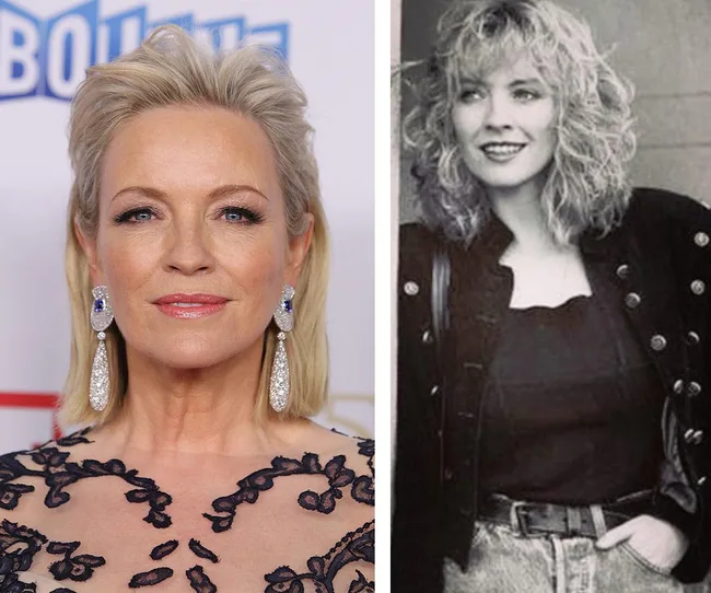Two side-by-side images of a woman: on the left, in a formal gown; on the right, a black-and-white portrait.