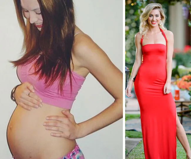 A woman on the left cradles her pregnant belly; on the right, she stands in a red dress, smiling outdoors.