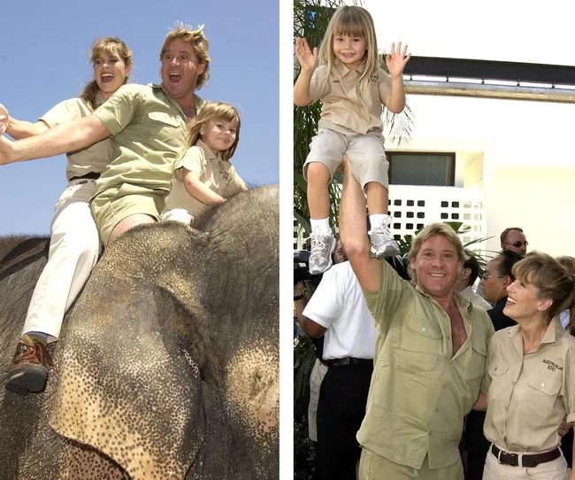 Steve, Terri, and a child pose joyfully on an elephant and next to it, Steve lifts the child with Terri smiling beside them.