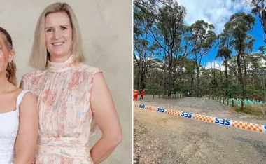 Woman in floral dress smiling beside another woman; forest area with SES tape and personnel visible.