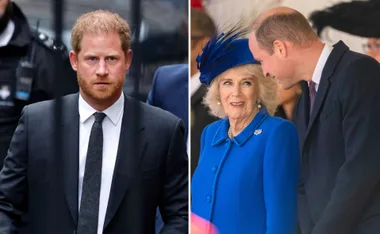 Two men in suits; a woman in a blue outfit with a hat, all in separate formal events or settings.