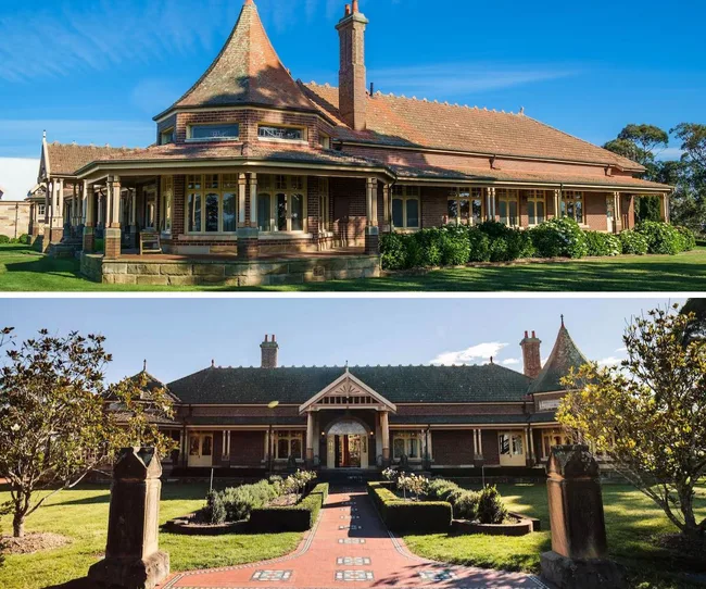 Two views of a historic brick mansion with a steep roof, wraparound porch, and beautifully landscaped gardens.