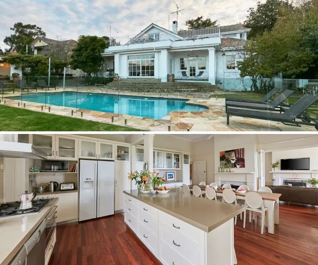 Luxurious home featuring a pool and a modern kitchen with an island and dining area.