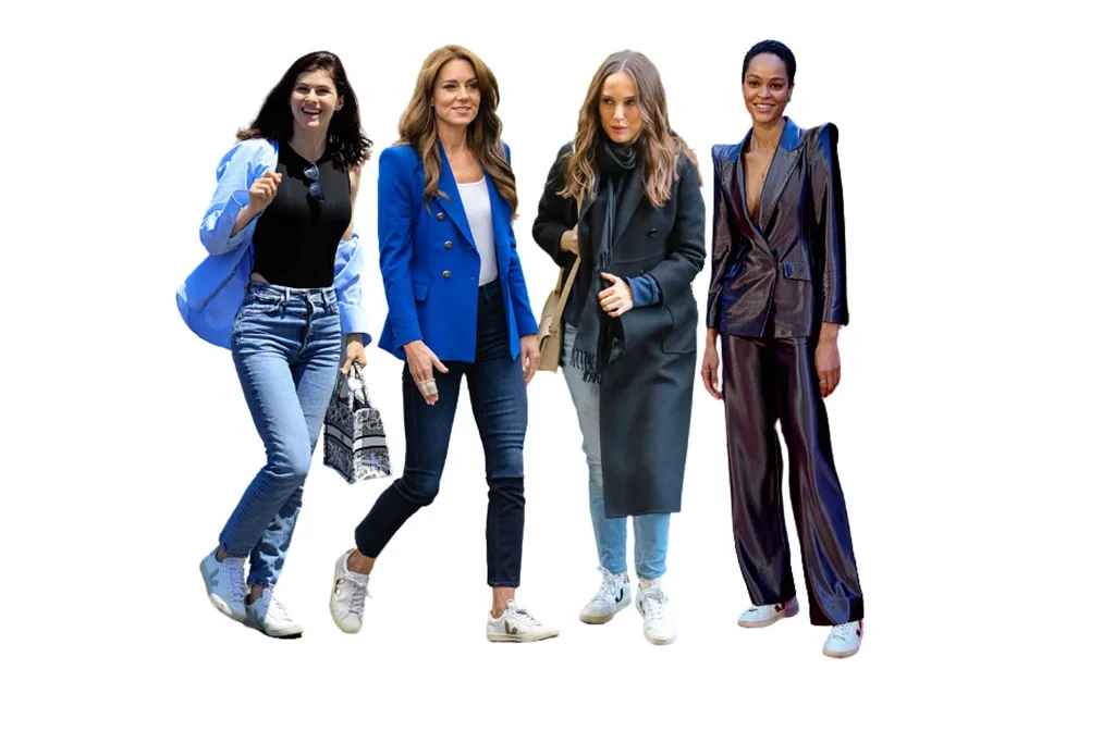 Photo compilation of celebrities wearing VEJA styled with different day to night outfits. From left to right Alexandra Daddario, Catherine, Princess of Wales, Natalie Portman,  Godeliv Van den Brandt.