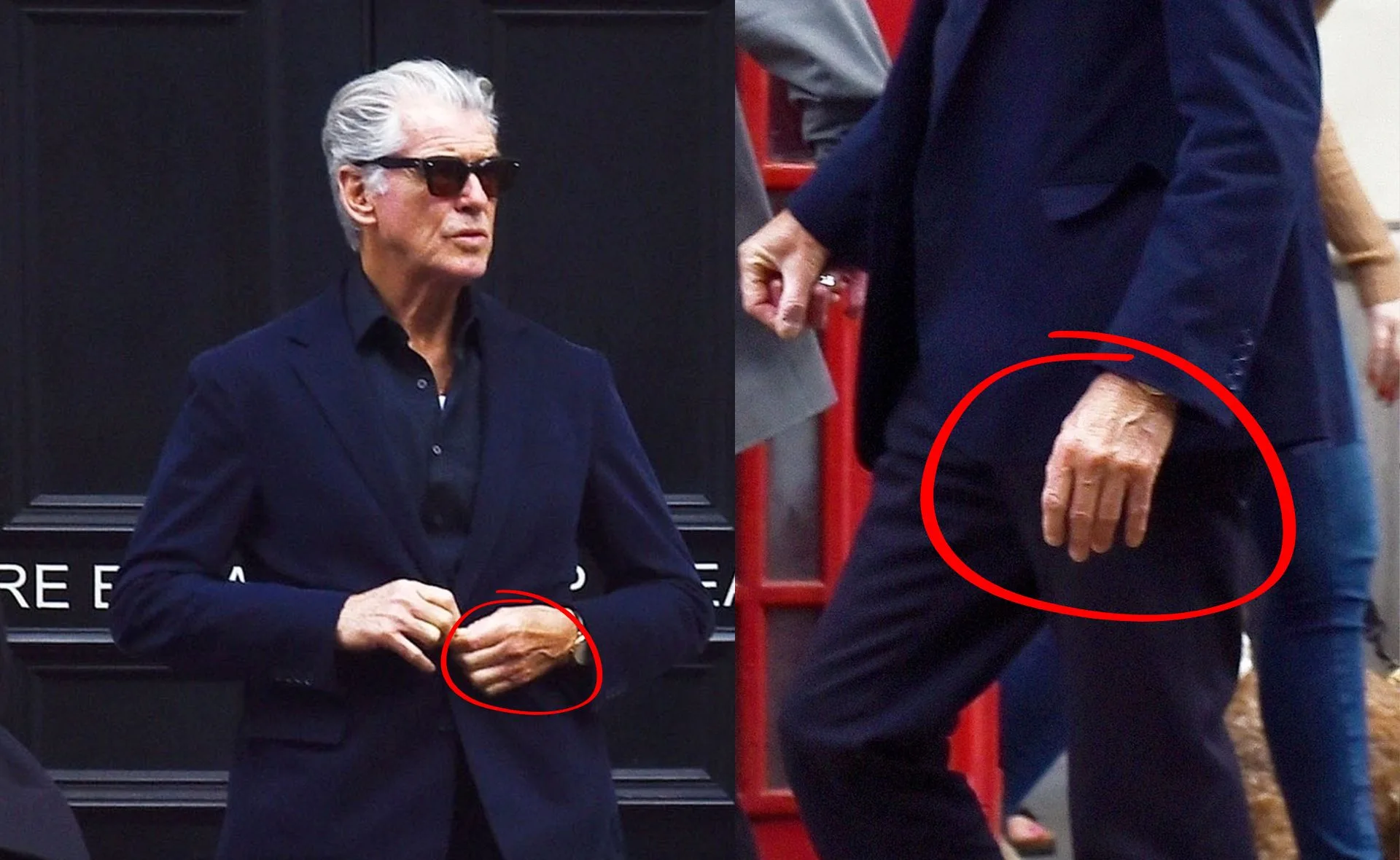 Pierce Brosnan in suit and sunglasses without his wedding ring