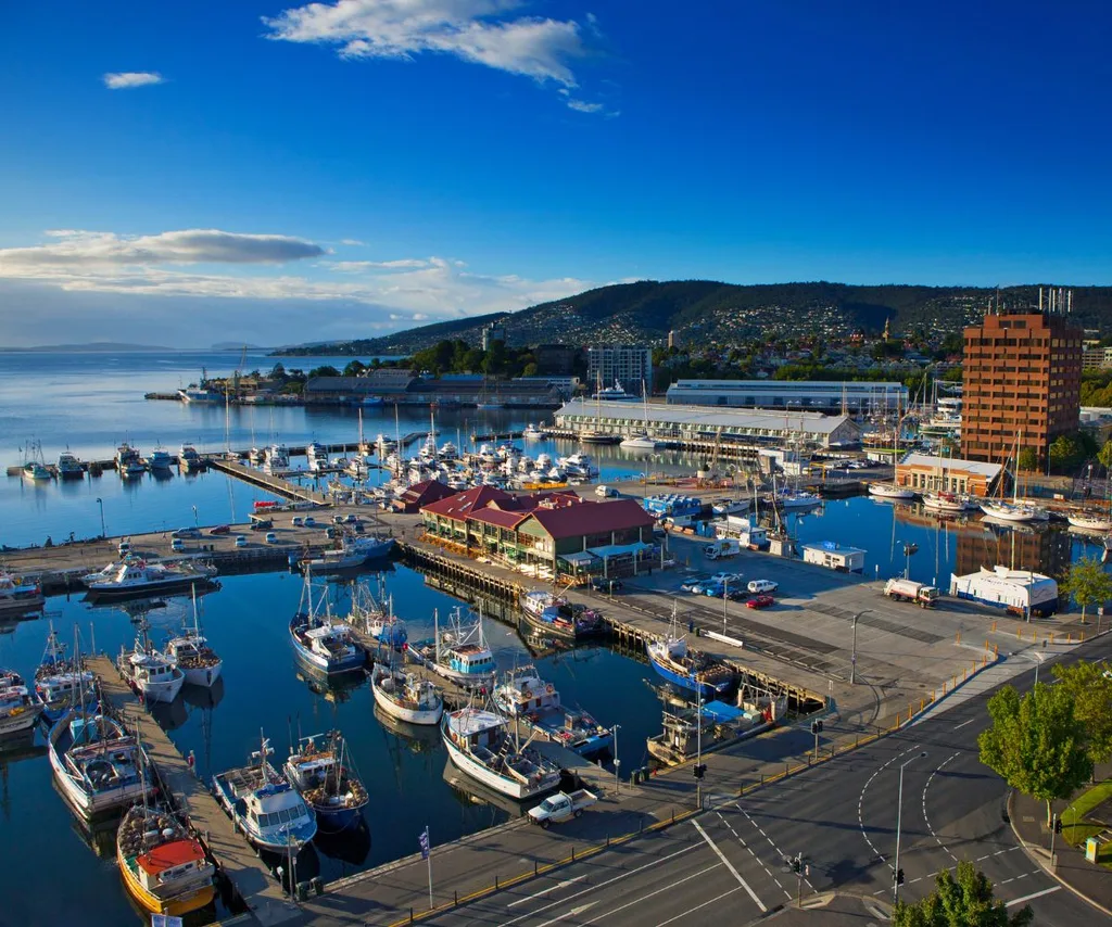 Hobart, Tasmania view of marina and ocean