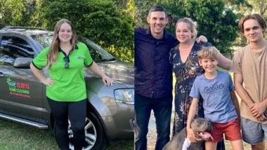 "Two-image collage: woman in green shirt by a car; family with a dog in a garden. Trees in the background."