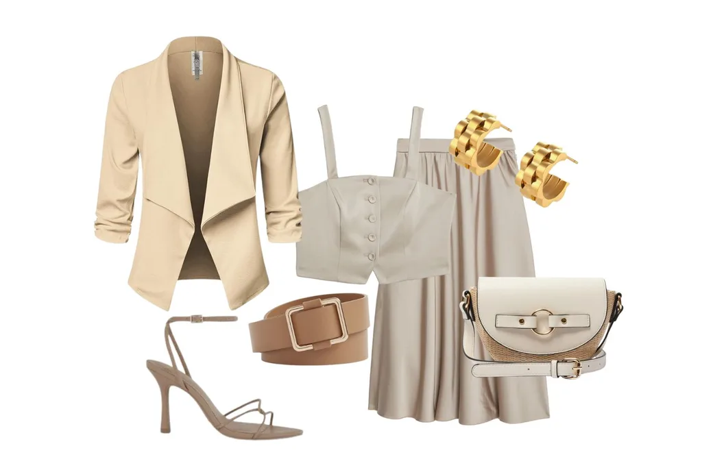 Flat lay compilation soft tailored blazer and skirt co-ordinating pieces with accessories to create a stylish ensemble.