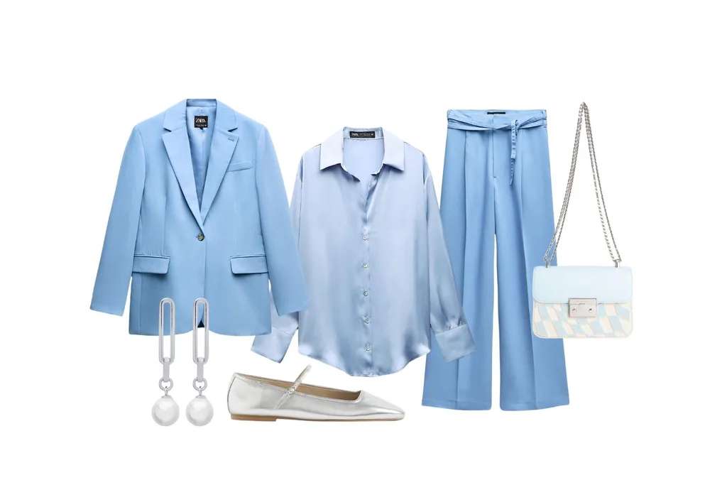 Flat lay compilation of an example of wearing the soft tailored trend in a tonal way using blue and silver 