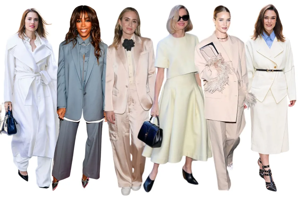 Image compilation of celebrities (from left to right: Allison Williams, Kelly Rowland, Emily Blunt, Naomi Watts, Rosie Huntington Whitley, Kiera Knightly) showing ways to style the soft tailoring trend.