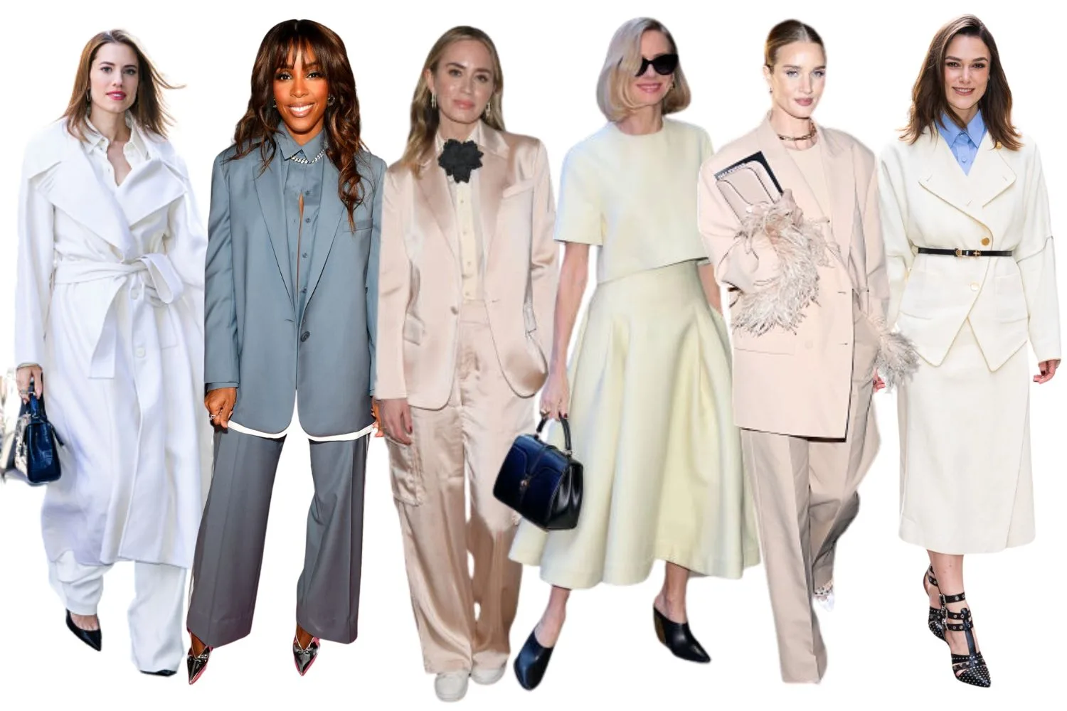Image compilation of celebrities (from left to right: Allison Williams, Kelly Rowland, Emily Blunt, Naomi Watts, Rosie Huntington Whitley, Kiera Knightly) showing ways to style the soft tailoring trend.