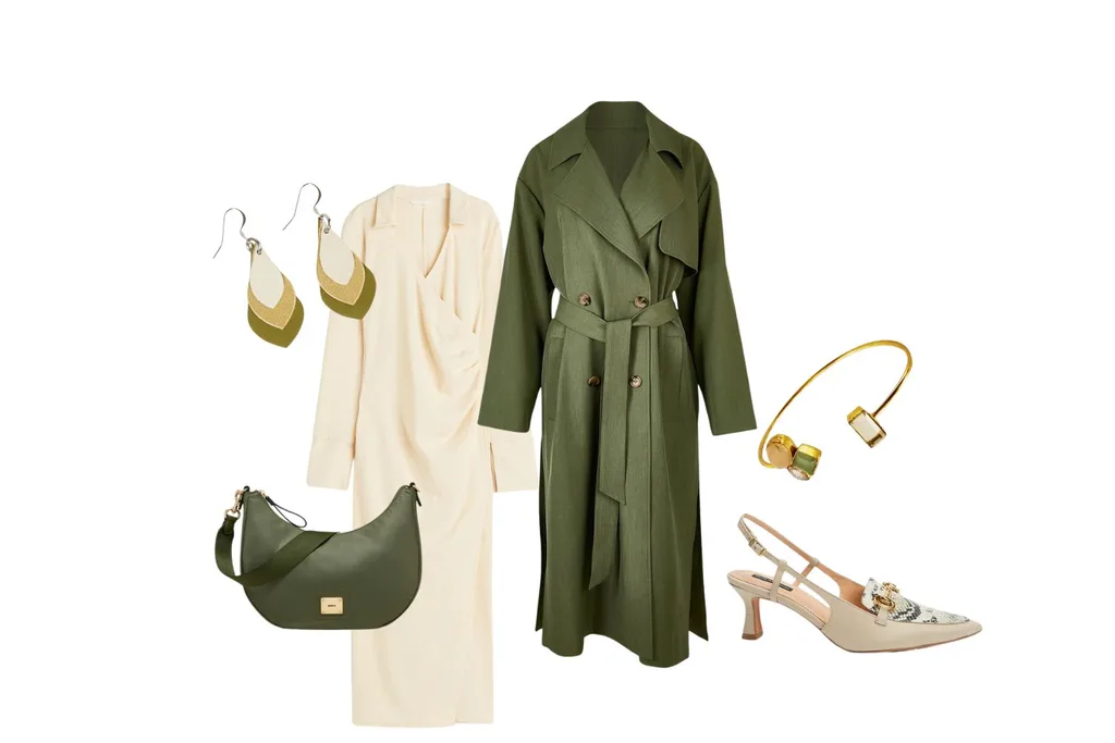 Flat lay compilation of cream and khaki co-ordinating pieces to create a dress and trench coat fashion combination.