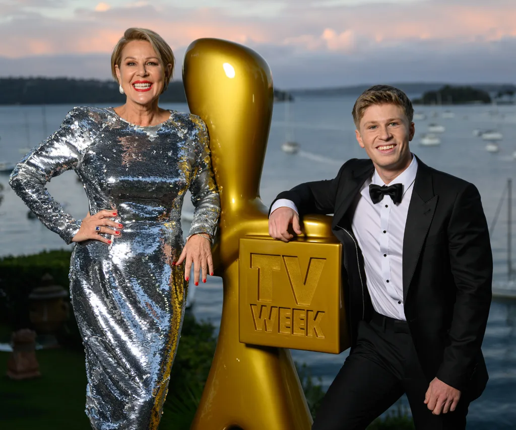 Julia Morris wears are silver dress, alongside Robert Irwin in a tuxedo for the Gold Logie nominations reveal.