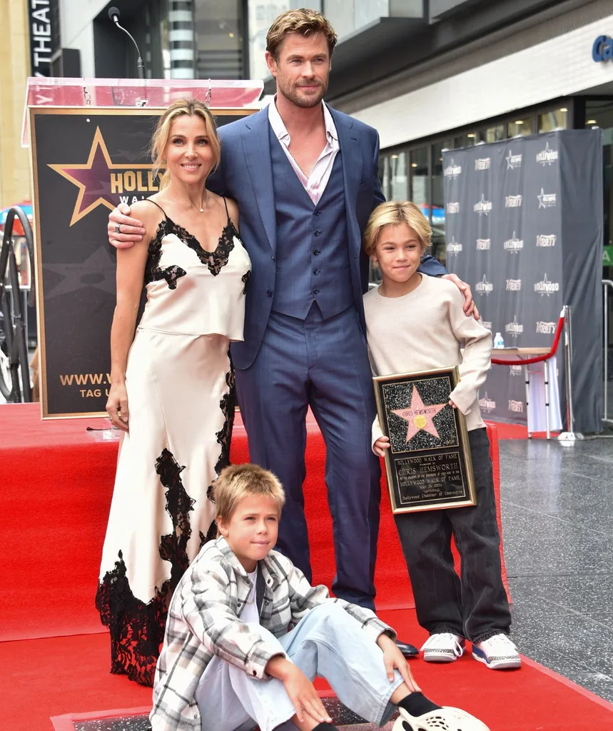 Chris Hemsworth and family take a photo op as the star gets his star on the Hollywood Walk of Fame