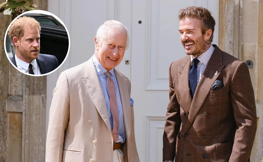 An upset Prince Harry looks on as David Beckham and King Charles share a laugh
