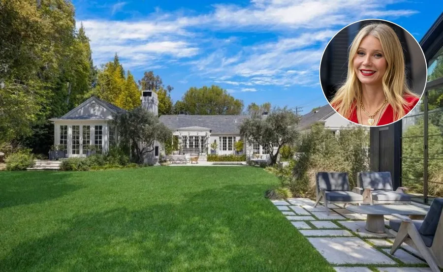 Gwyneth Paltrow in bright red lipstick and red top on Brentwood house she's selling