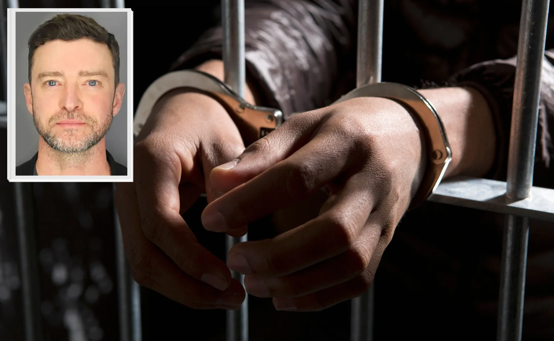 handcuffed hands in jail with Justin Timberlake mugshot