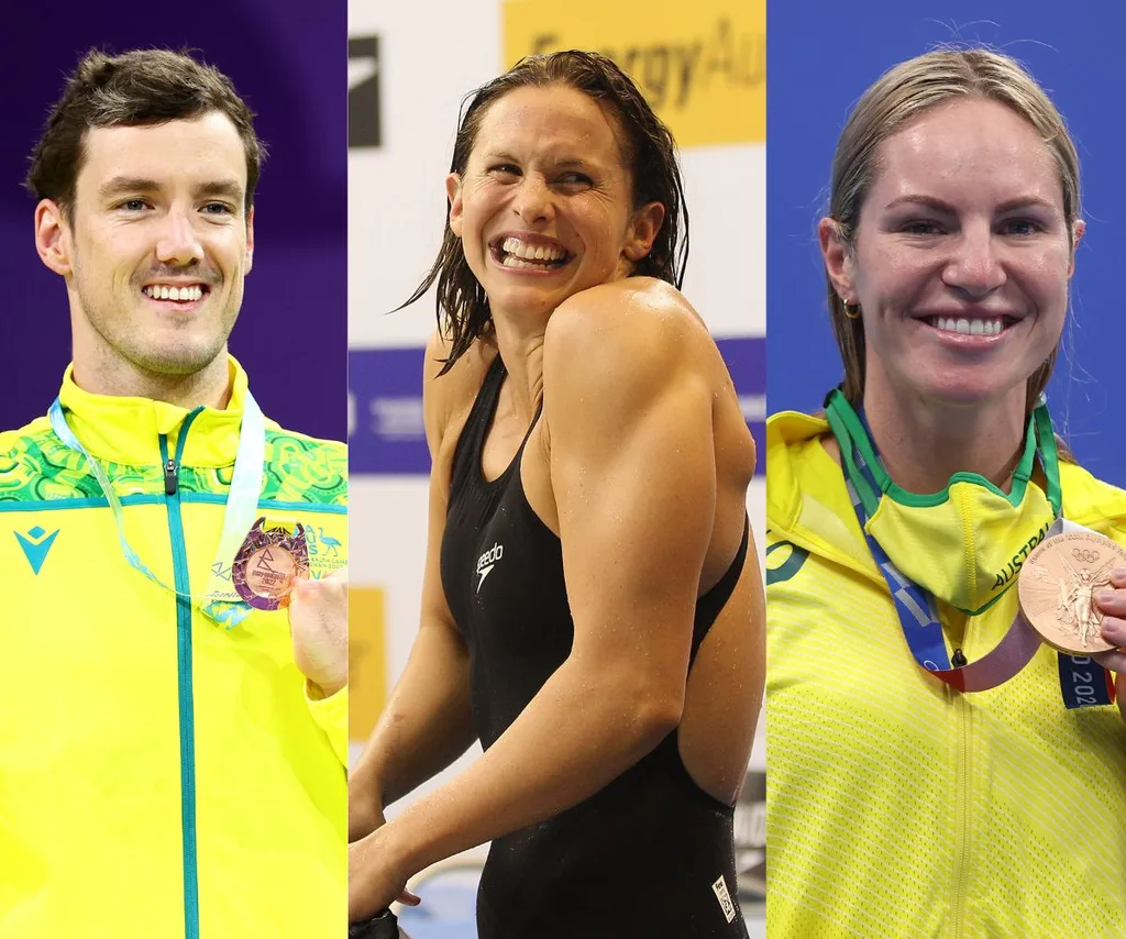 Swimming legends Libby Trickett, Blake Cochrane, Emily Seebohm smiling