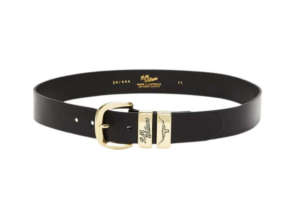 Image of R.M. Williams black leather belt with gold buckle.