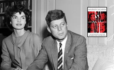 JFK and Janet sit on coach in black and white photo with image of new book